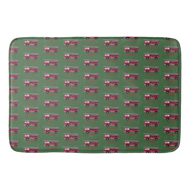 Add Your Name Red Fire truck Personalised Bath Mat (Front)