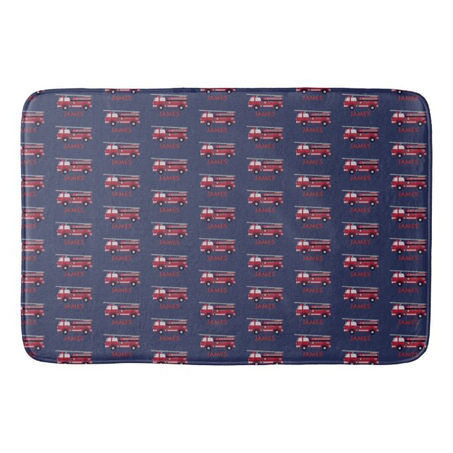 Add Your Name Red Fire truck Personalised Bath Mat (Front)