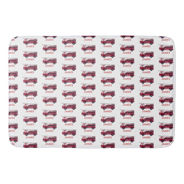 Add Your Name Red Fire truck Personalised Bath Mat (Front)