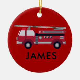 Add Your Name Red Fire truck Personalised Ceramic Tree Decoration