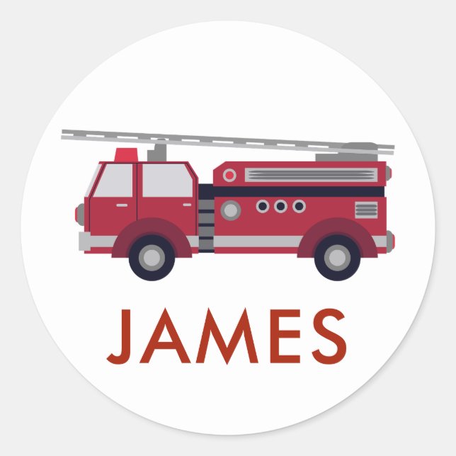 Add Your Name Red Fire truck Personalised Classic Round Sticker (Front)