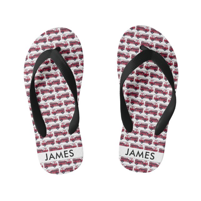 Add Your Name Red Fire truck Personalised Kid's Flip Flops (Footbed)
