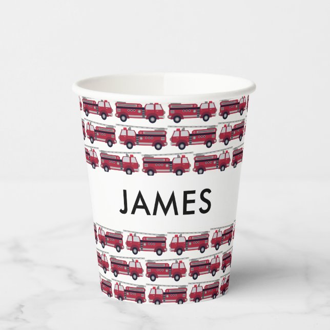 Add Your Name Red Fire truck Personalised Paper Cups (Left)