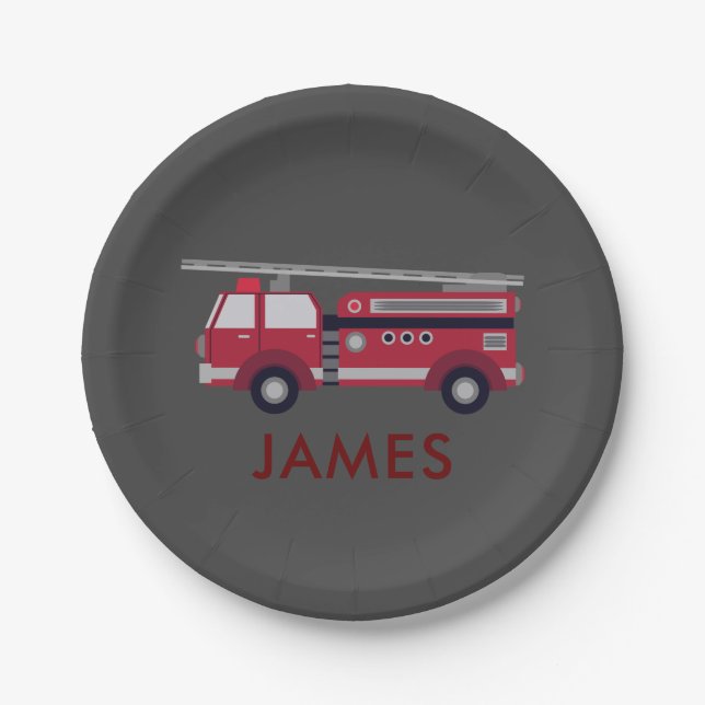 Add Your Name Red Fire truck Personalised Paper Plate (Front)