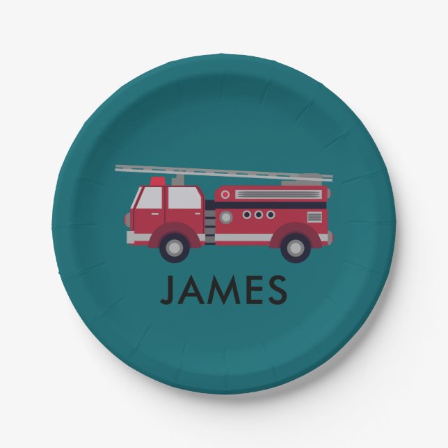 Add Your Name Red Fire truck Personalised Paper Plate (Front)