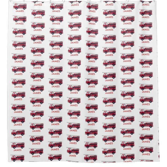 Add Your Name Red Fire truck Personalised Shower Curtain (Front)