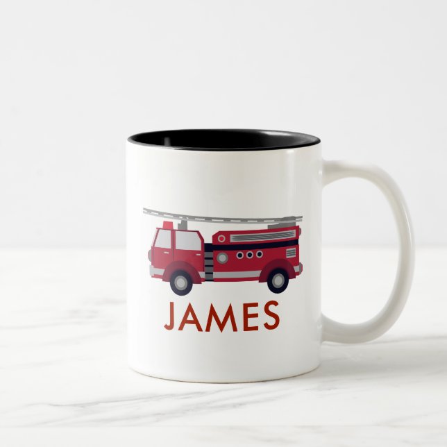 Add Your Name Red Fire truck Personalised Two-Tone Coffee Mug (Right)