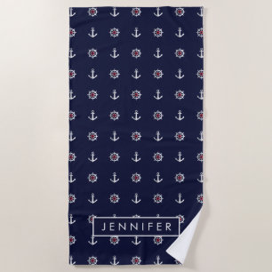 Add Your Name Red White And Blue Anchor Pattern Beach Towel