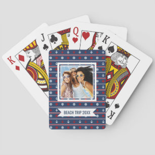 Add Your Name   Red White And Blue Nautical Patter Playing Cards