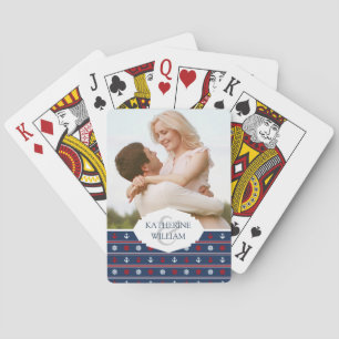Add Your Name   Red White And Blue Nautical Patter Playing Cards