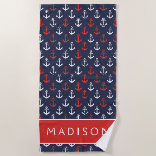 Add Your Name Red White And Blue Navy Pattern Beach Towel
