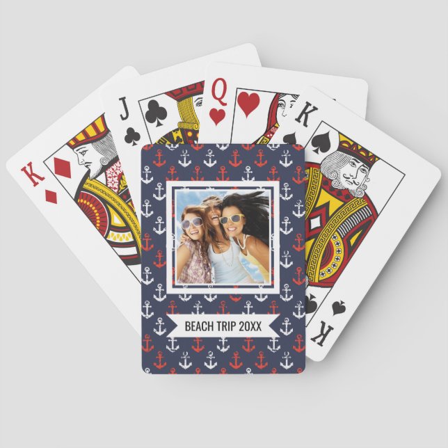 Add Your Name | Red White And Blue Navy Pattern Playing Cards (Back)