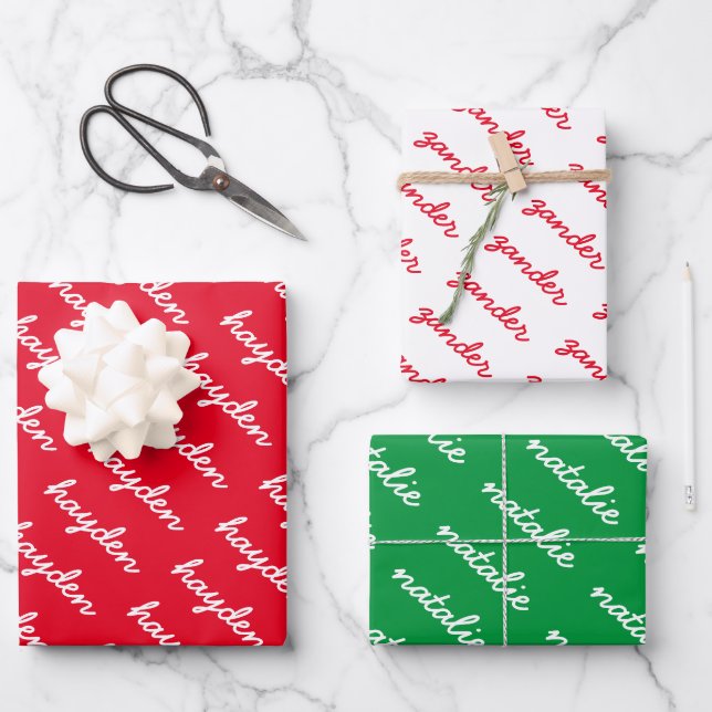 Add-Your-Name Red White and Green Christmas  Wrapping Paper Sheet (Front)