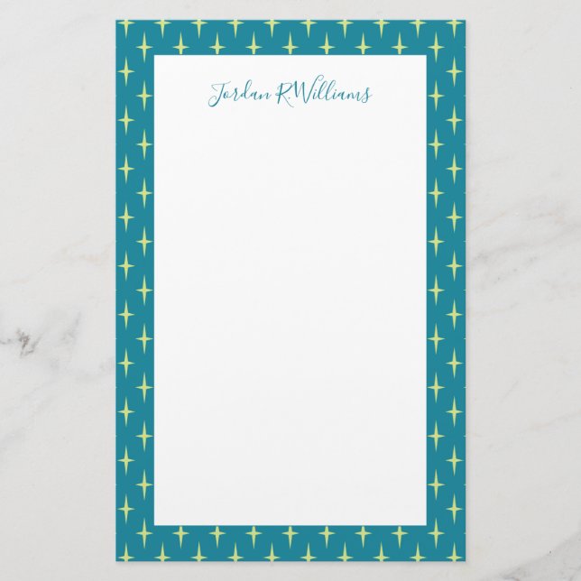 Add Your Name | Retro Atomic Age Star Pattern Stationery (Front)