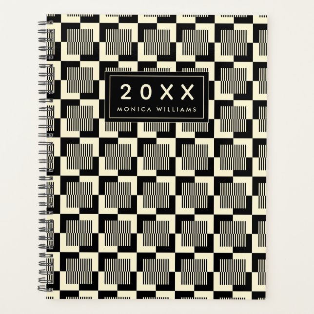 Add Your Name | Retro Black & Tan Pattern Planner (Front)