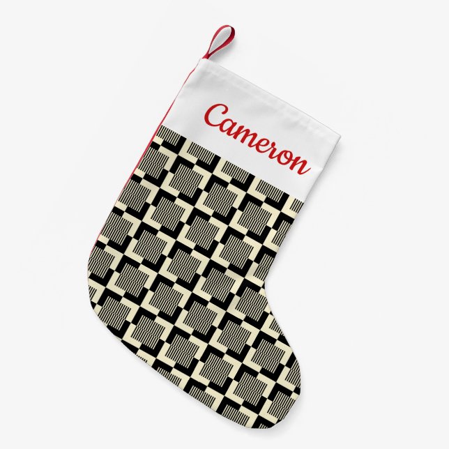 Add Your Name | Retro Black & Tan Pattern Small Christmas Stocking (Front (Hanging))