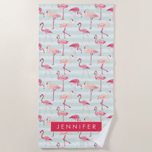 Add Your Name   Retro Flamingos On Mint Stripes Beach Towel