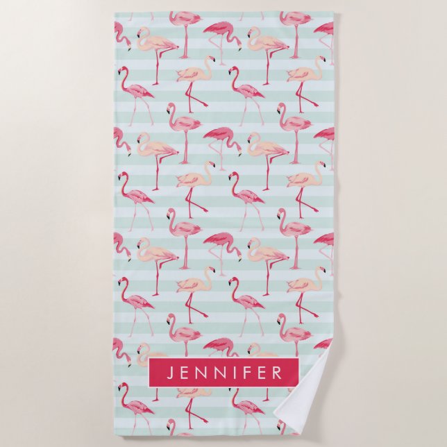Add Your Name | Retro Flamingos On Mint Stripes Beach Towel (Front)