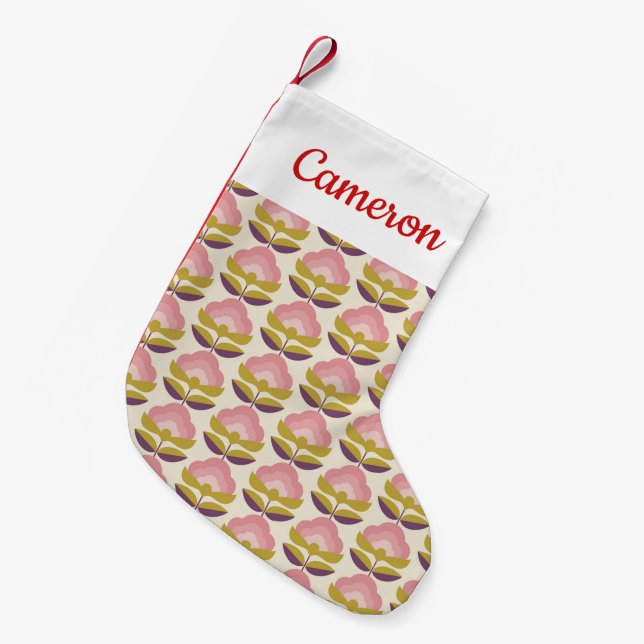 Add Your Name | Retro Pink & Purple Floral Pattern Small Christmas Stocking (Front (Hanging))