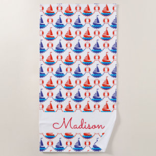 Add Your Name   Sail Boat Pattern Beach Towel
