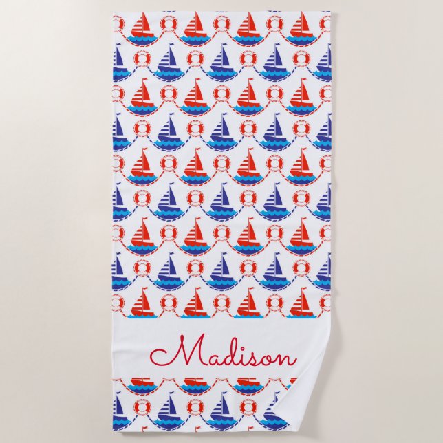 Add Your Name | Sail Boat Pattern Beach Towel (Front)