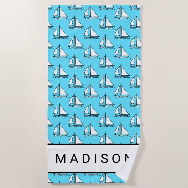 Add Your Name | Sailboats On Blue Sea Pattern Beach Towel (Front)