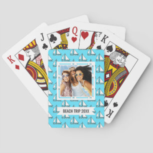 Add Your Name Sailboats On Blue Sea Pattern Playing Cards