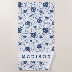 Add Your Name Sailboats On The Sea Pattern Beach Towel