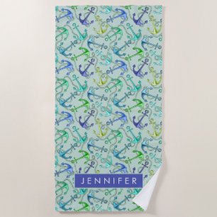 Add Your Name Sea Anchors And Rope Pattern Beach Towel