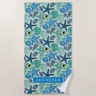 Add Your Name | Shades Of Blue Seashells And Starf Beach Towel
