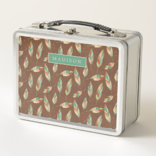Add Your Name Southwest Feather Pattern Metal Lunch Box