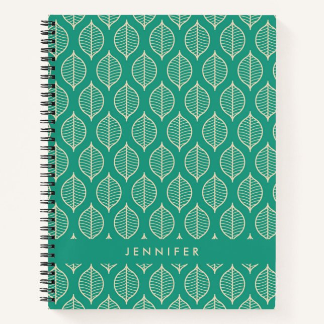 Add Your Name | Stylised Green Leaf Pattern Notebook (Front)