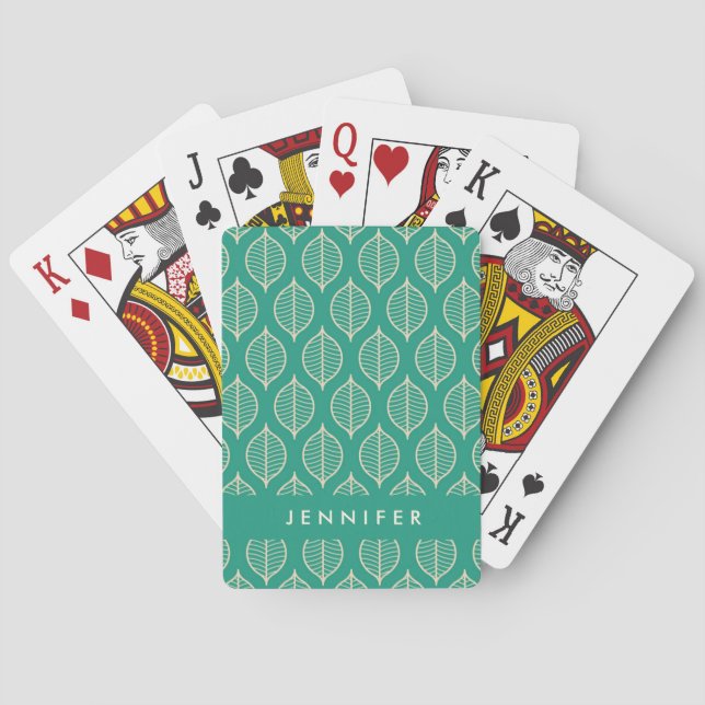 Add Your Name | Stylised Green Leaf Pattern Playing Cards (Back)