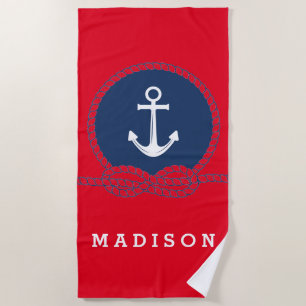 Add Your Name   Stylish Anchor And Rope Beach Towel