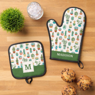 Add Your Name   Succulents Pattern Oven Mitt & Pot Holder Set