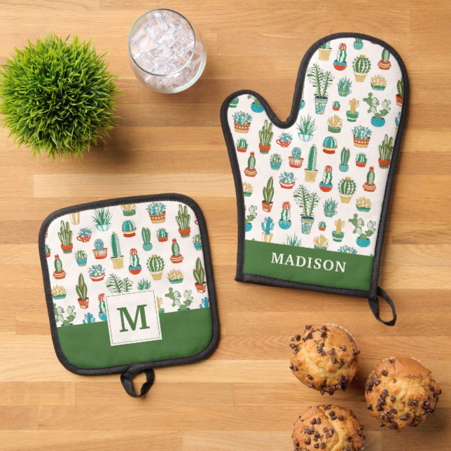 Add Your Name | Succulents Pattern Oven Mitt & Pot Holder Set (Top Down)