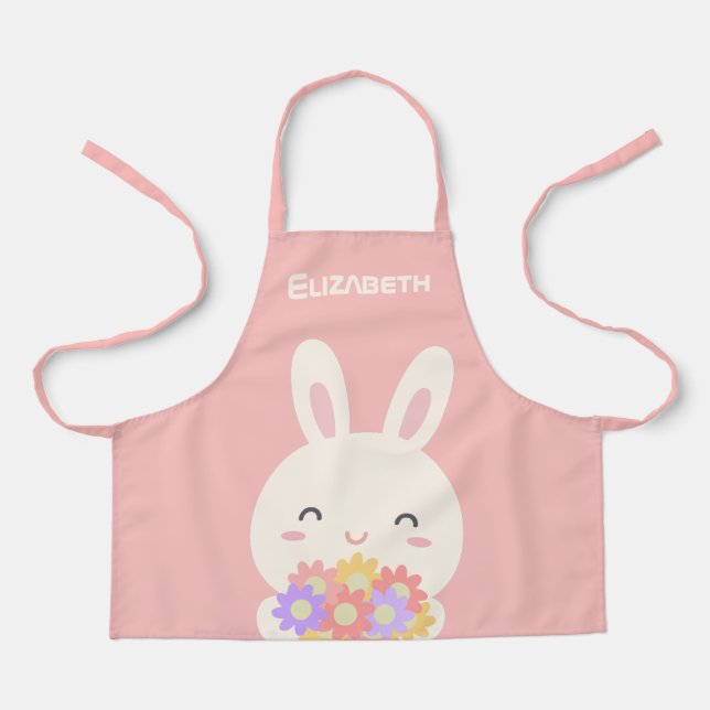 Add Your Name | Sweet Little Bunny & Flowers Pink Apron (Front)