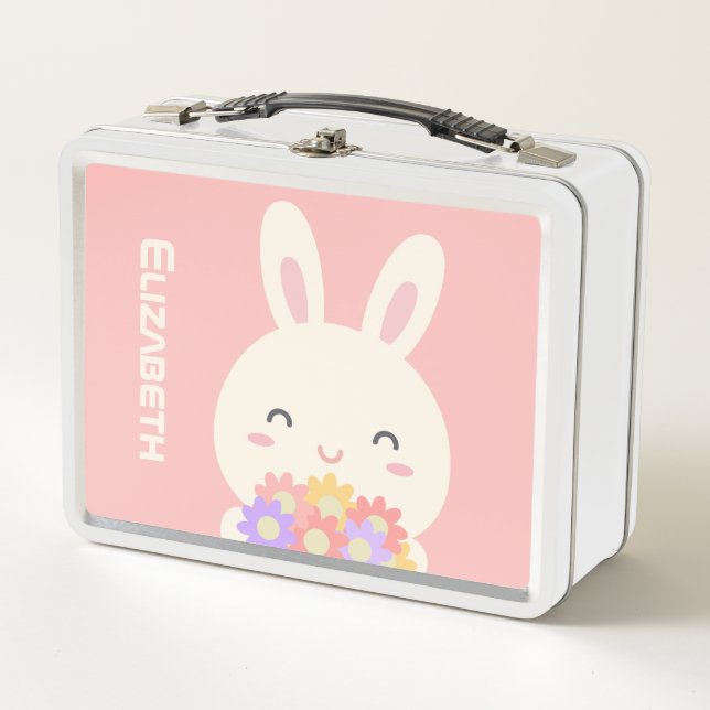 Add Your Name | Sweet Little Bunny & Flowers Pink Metal Lunch Box (Front)