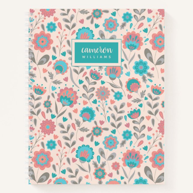 Add Your Name | Teal & Coral Folk Art Floral Notebook (Front)