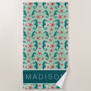Add Your Name   Teal Seahorse Pattern Beach Towel