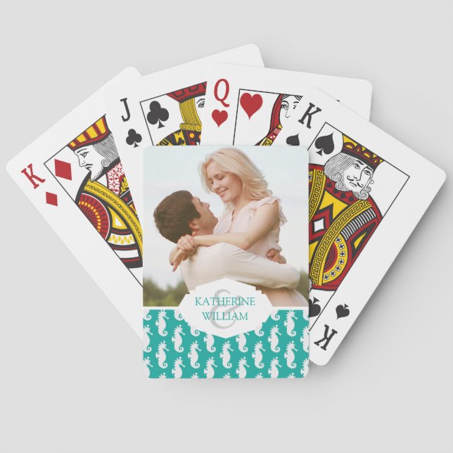 Add Your Name | Teal Seahorse Pattern Playing Cards (Back)