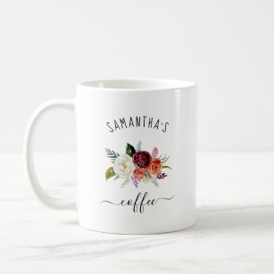 Add Your Name   Trendy Burgundy Boho Floral Coffee Mug