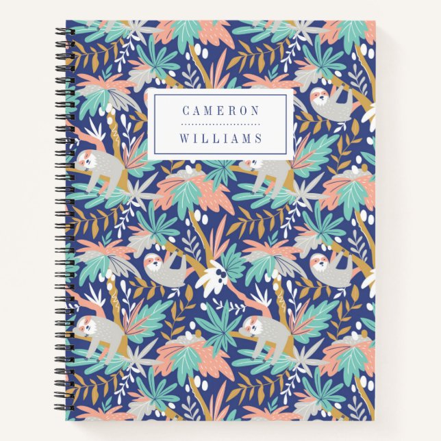 Add Your Name | Tropical Blue Sloth Pattern Notebook (Front)
