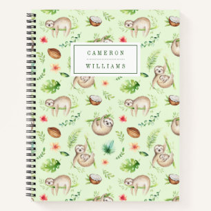Add Your Name   Tropical Coconut Sloth Pattern Notebook