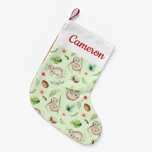 Add Your Name | Tropical Coconut Sloth Pattern Small Christmas Stocking (Front (Hanging))
