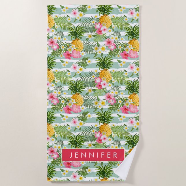 Add Your Name | Tropical Flowers & Pineapple On Te Beach Towel (Front)