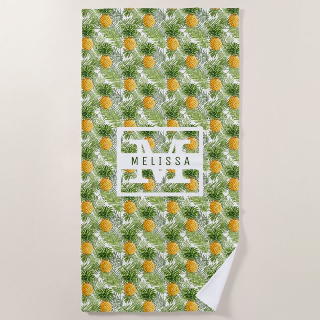 Add Your Name | Tropical Palm Leaves & Pineapples Beach Towel (Front)