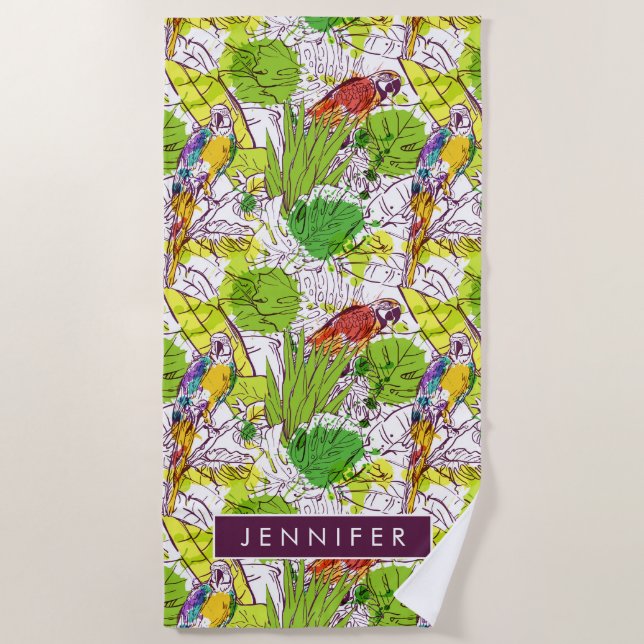 Add Your Name | Tropical Parrots Beach Towel (Front)