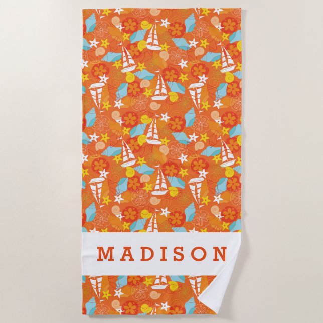 Add Your Name | Tropical Sailboat Pattern Beach Towel (Front)