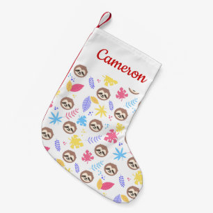 Add Your Name   Tropical Sloth & Leaves Pattern Small Christmas Stocking